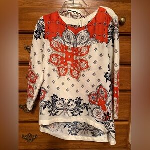 Chelsea & Theodore Red and White Ornate Blouse